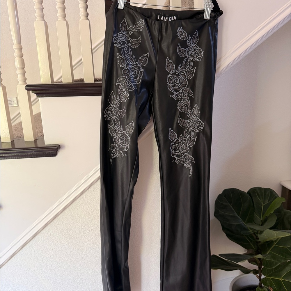 I.AM.GIA Black Faux Leather Leggings with White Rose Embroidery
